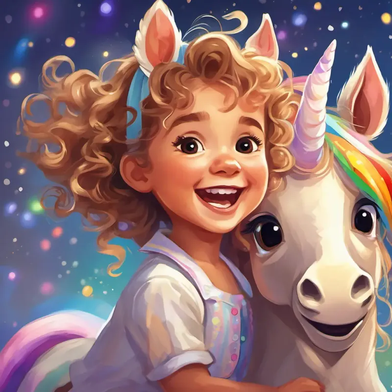 Caucasian female toddler, 25 years old, dirty blonde curly hair, cheeky grin, contagious laugh and Brown female toddler, 1 year old, brown wavy hair, few front teeth, crawls meet a unicorn with a sparkling white coat and rainbow-colored mane.