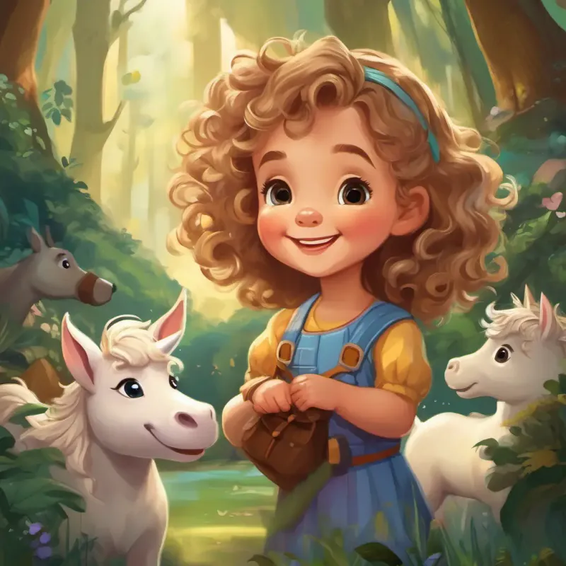 Caucasian female toddler, 25 years old, dirty blonde curly hair, cheeky grin, contagious laugh, Brown female toddler, 1 year old, brown wavy hair, few front teeth, crawls, and the unicorn explore enchanted forests, meeting playful puppies.