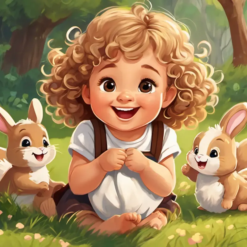 Caucasian female toddler, 25 years old, dirty blonde curly hair, cheeky grin, contagious laugh and Brown female toddler, 1 year old, brown wavy hair, few front teeth, crawls find a clearing with bunnies, their fluffy fur tickling their toes.
