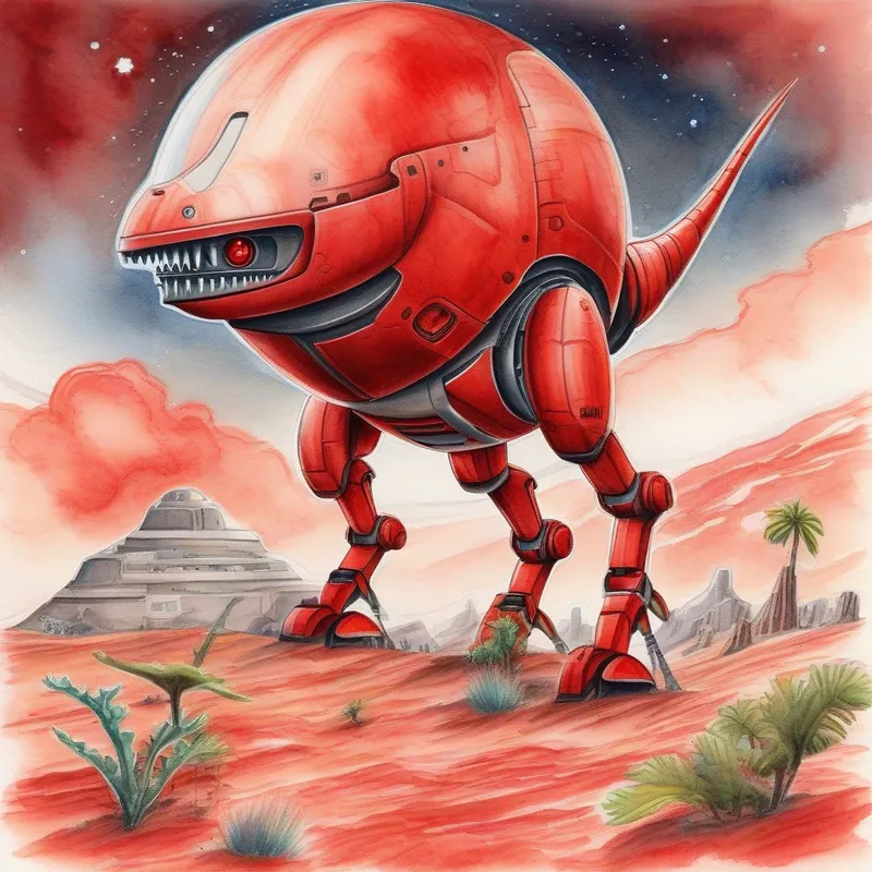 A red planet with a dinosaurio robot exploring the sky.