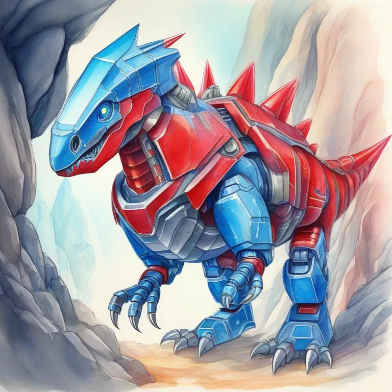 A robot dinosaur with red and blue metallic armor. finding a glowing crystal in a cave.