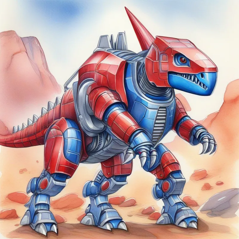 A robot dinosaur with red and blue metallic armor. helping others on Mars.