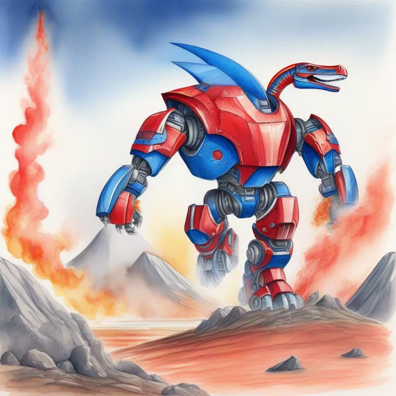 A robot dinosaur with red and blue metallic armor. faced with an erupting volcano on Mars.
