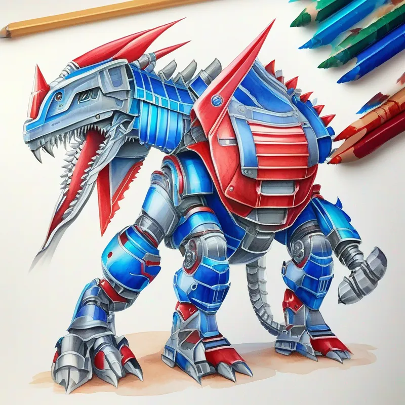 A robot dinosaur with red and blue metallic armor. creating a device to cool the planet's core.