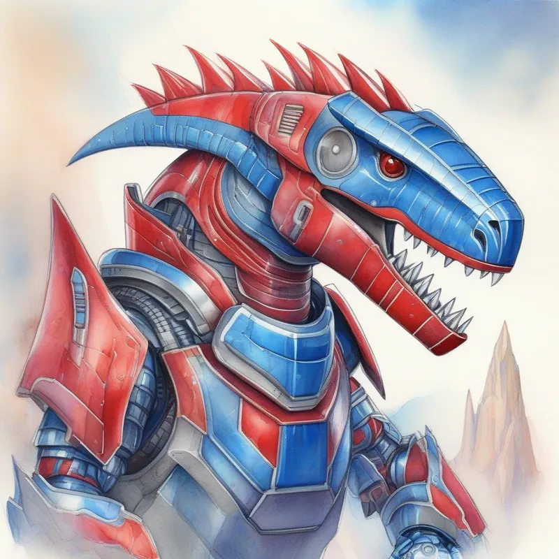 A robot dinosaur with red and blue metallic armor. celebrated as the hero of Mars.