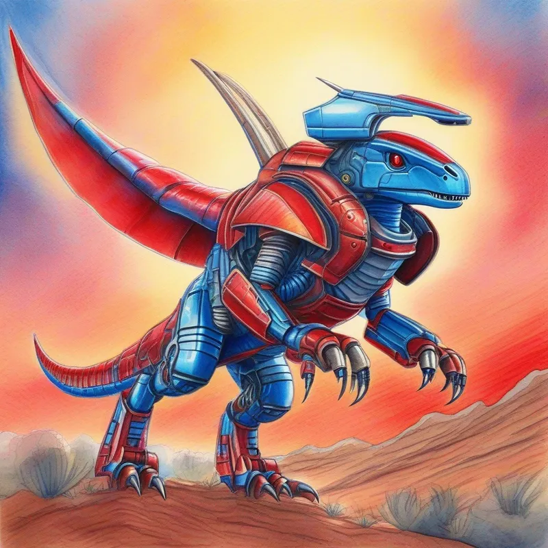 A robot dinosaur with red and blue metallic armor. flying into the Martian sunset.