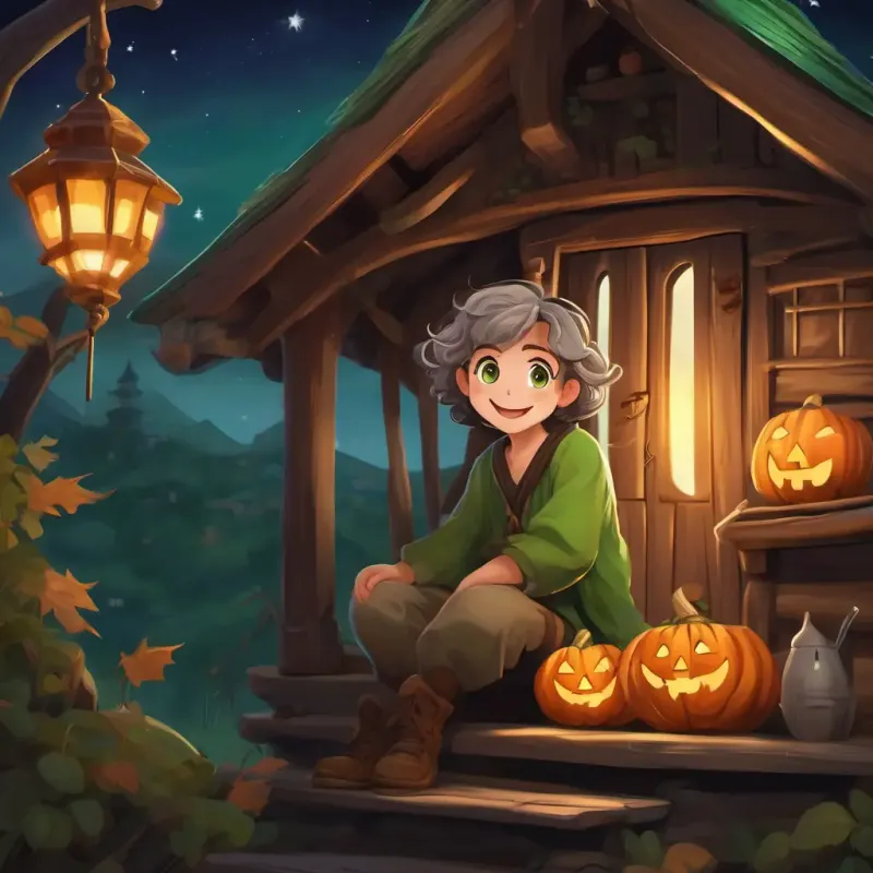 Curly brown hair, shining green eyes, and a big smile and Gray hair, twinkling brown eyes, and a kind face talking and laughing in the hut.