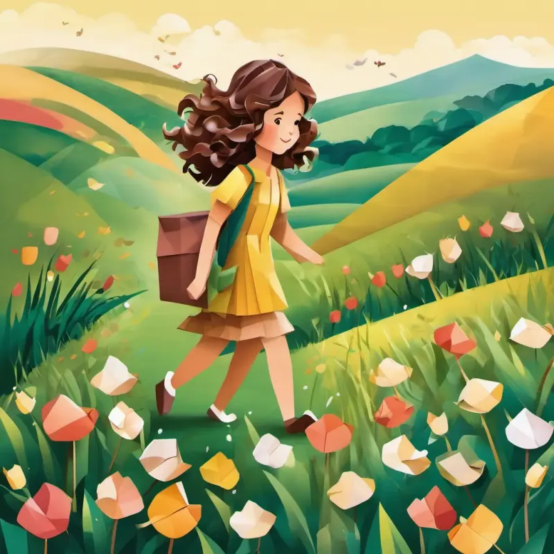Yorkshire girl, rosy cheeks, wide brown eyes, curly brown hair walking in a meadow, happy, on her way to a secret place