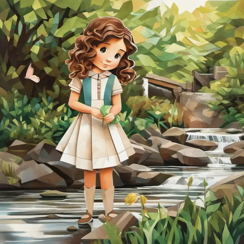 Yorkshire girl, rosy cheeks, wide brown eyes, curly brown hair discovers a wooden statue by a brook