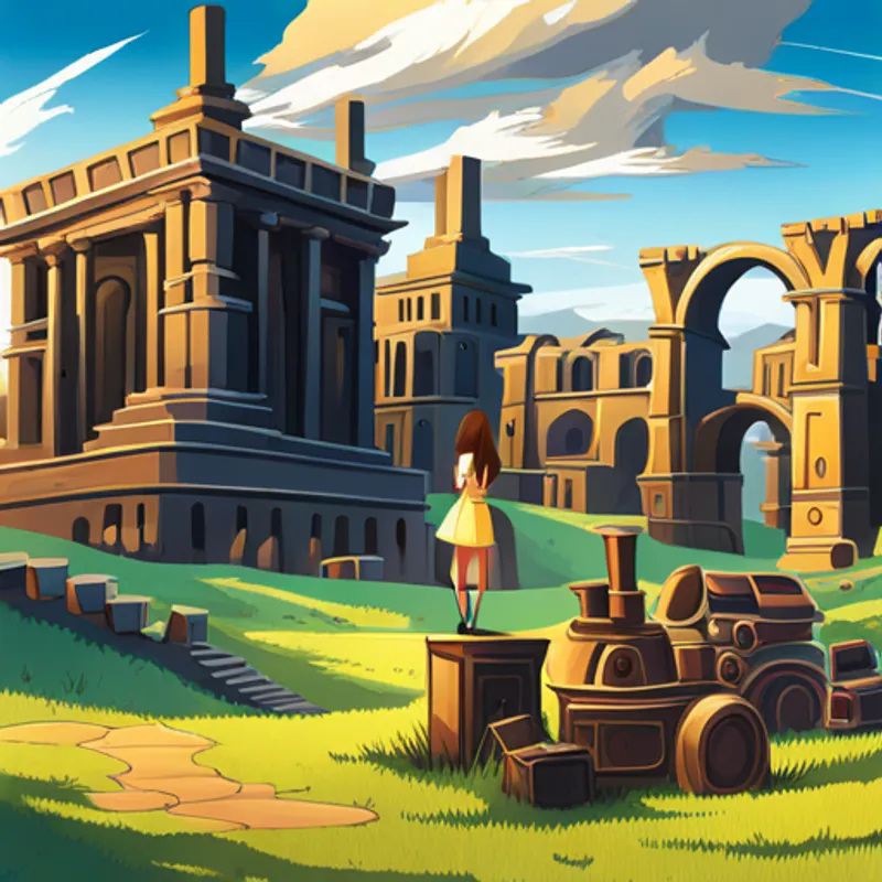 Lily surrounded by machines and ancient ruins