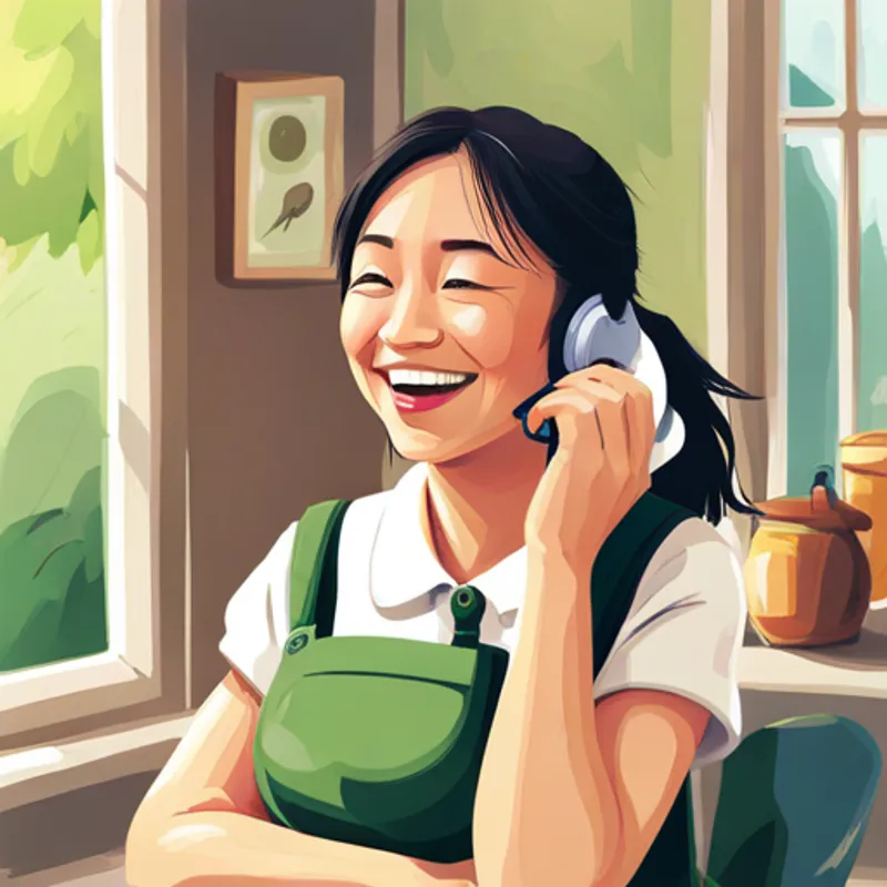 Lily laughing heartily, realizing the humor in the situation