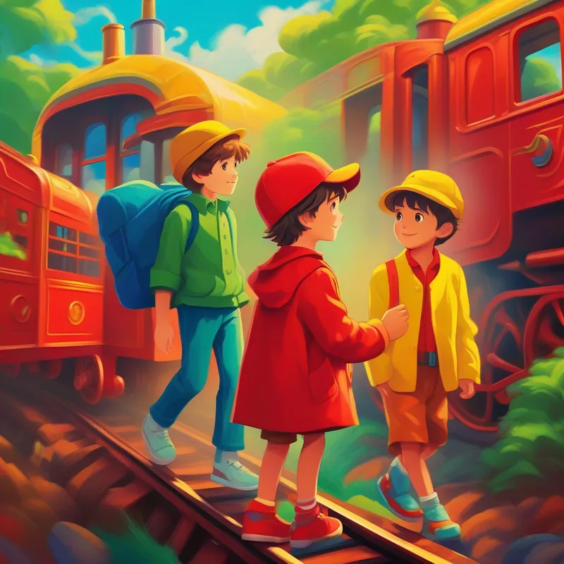 Magical train with Leo: boy with blue shirt and green hat and Dante: boy with red jacket and yellow shoes, colors: red, yellow