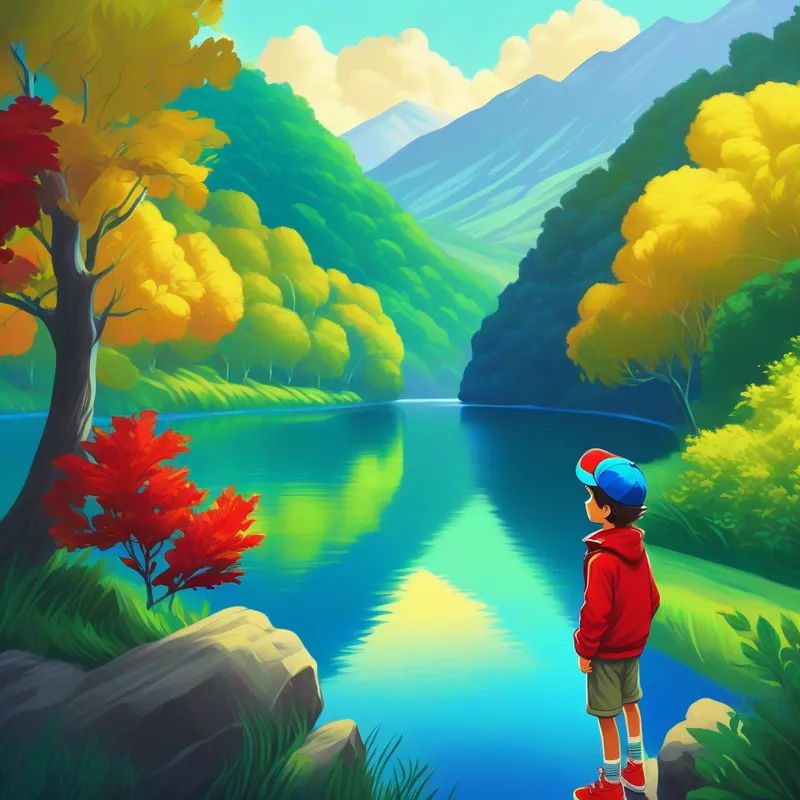 Leo: boy with blue shirt and green hat and Dante: boy with red jacket and yellow shoes facing a big river, colors: blue, silver