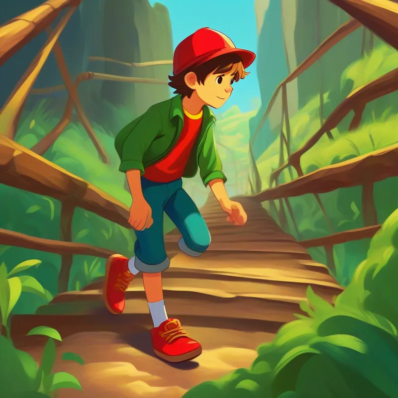 Leo: boy with blue shirt and green hat and Dante: boy with red jacket and yellow shoes building a bridge, colors: green, brown