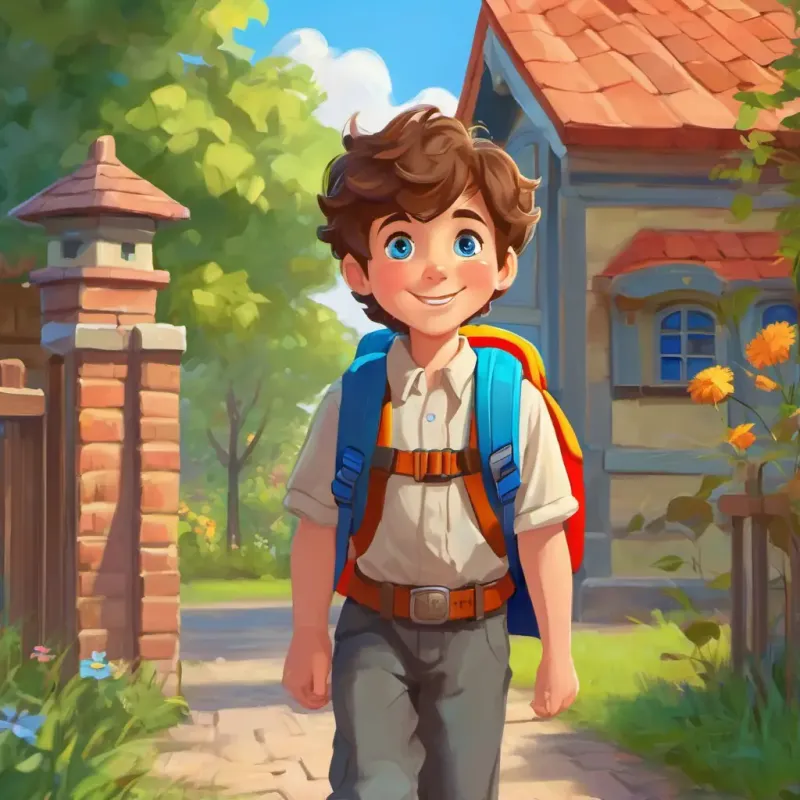 Janek is a happy boy with brown hair and blue eyes is a happy boy with brown hair and blue eyes. He is wearing a colorful backpack and standing outside his preschool.