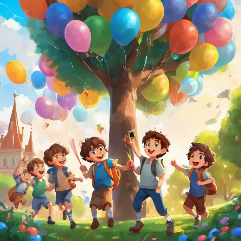 Janek is a happy boy with brown hair and blue eyes and his friends are in the park, surrounded by colorful balloons. They are pointing to objects like a cat, book, and tree.