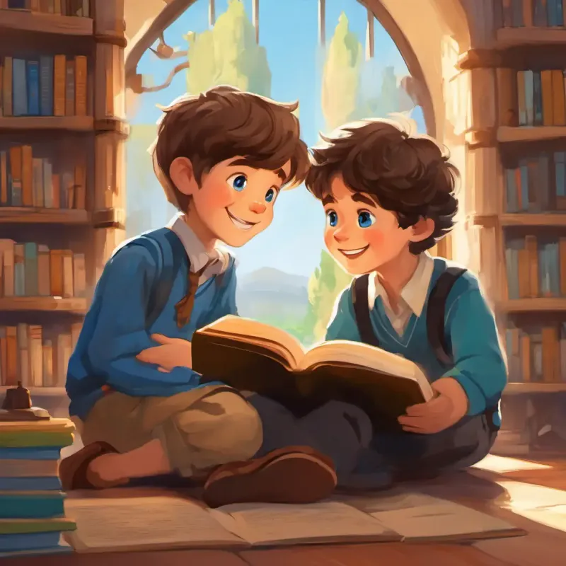 Janek is a happy boy with brown hair and blue eyes is smiling and saying words like 'cat' and 'book' while his teacher listens and encourages him.