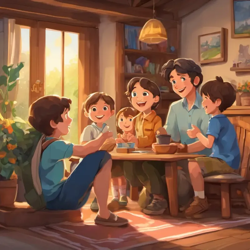 Janek is a happy boy with brown hair and blue eyes is sitting at home with his family, excitedly telling them about his English adventure. His parents and little sister are smiling and clapping for him.