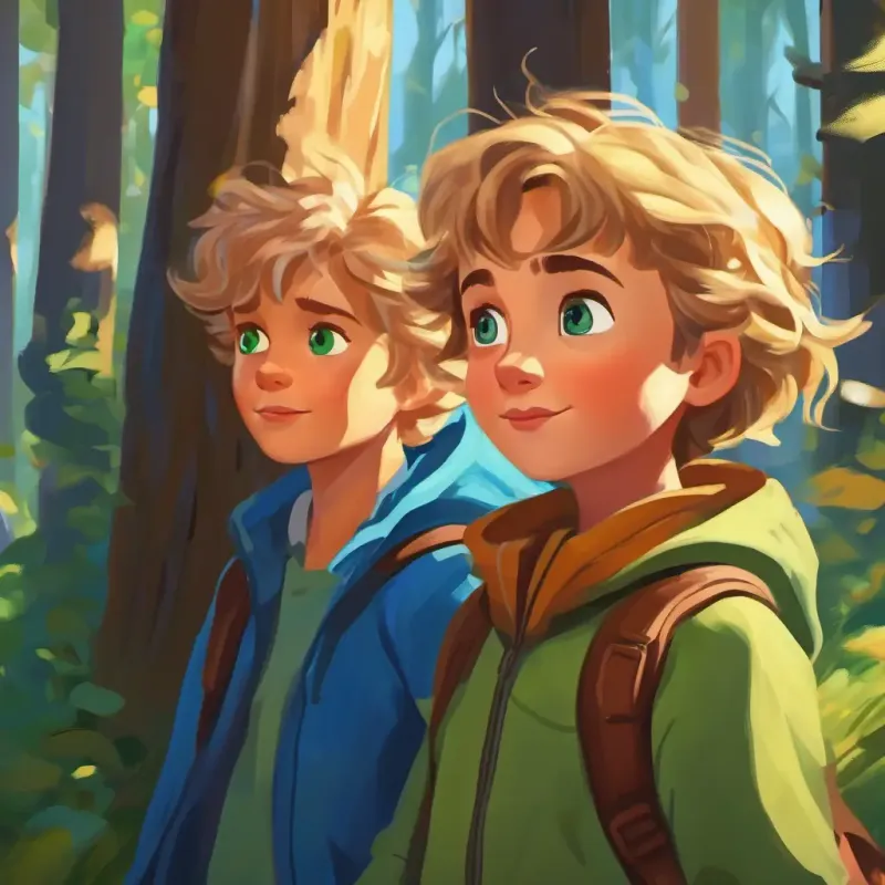 Curious girl with brown hair and big green eyes and Adventurous boy with messy blond hair and blue eyes begin their adventure, sunny morning, edge of woods