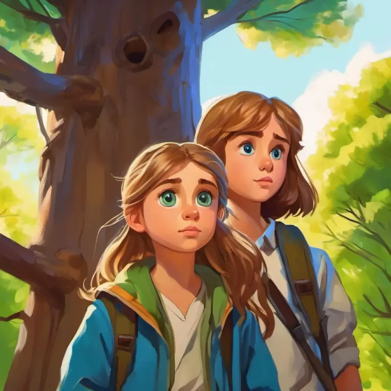 Curious girl with brown hair and big green eyes and Adventurous boy with messy blond hair and blue eyes become aware they are lost, tall trees, feeling of concern