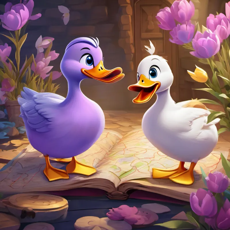 In Duckburg, a feisty duck named Donald discovers an old, mysterious map. His friend Daisy, with lavender feathers and a pink bow, joins him in excitement. They discover a treasure map, which could be their big break, as they both have a heart of gold.