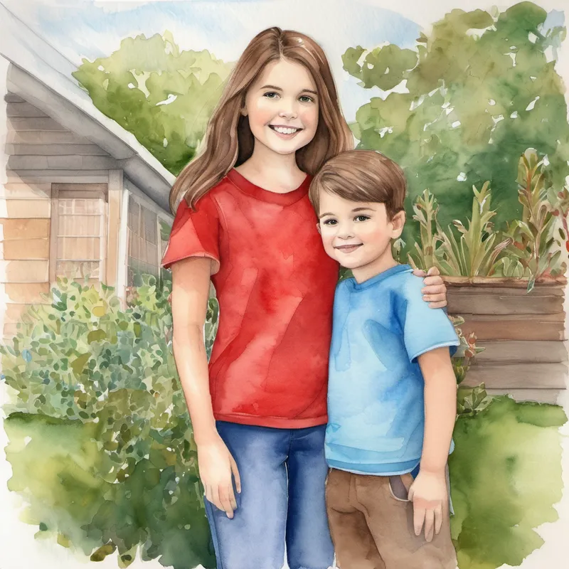 Big sister and Little brother - growing in confidence, brown hair. Wears a red shirt. with brown hair