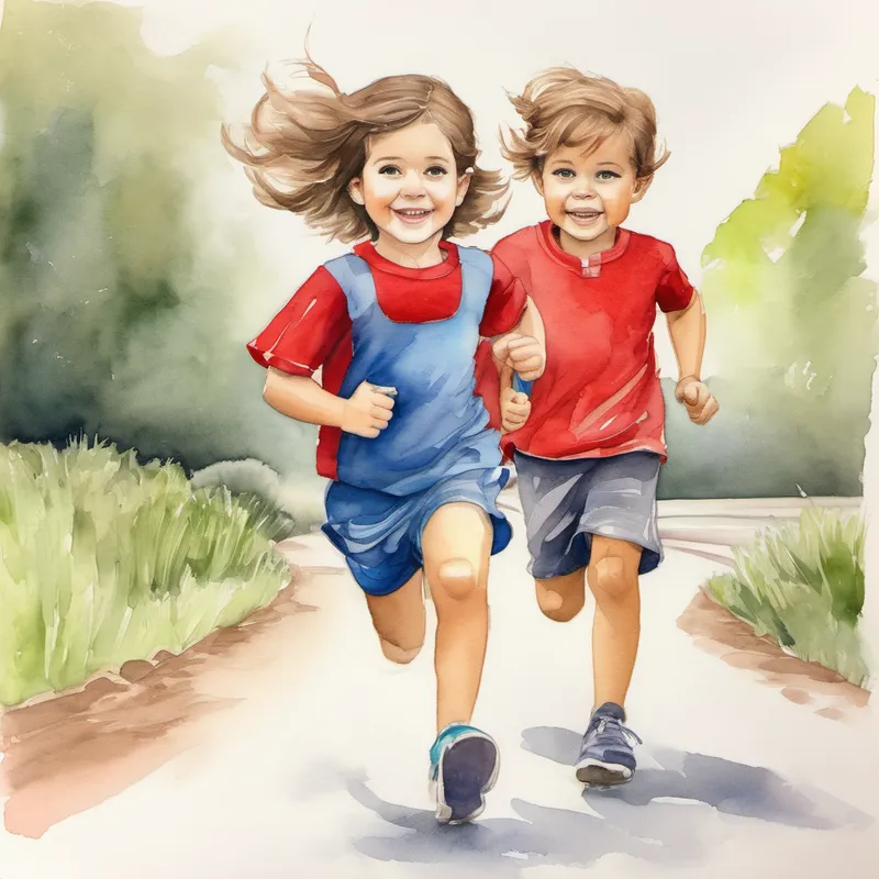Big sister and Little brother - growing in confidence, brown hair. Wears a red shirt. running in a race