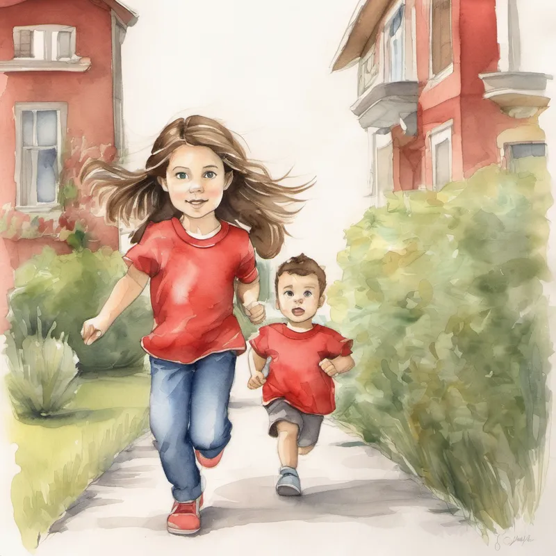 Big sister running fast, Little brother - growing in confidence, brown hair. Wears a red shirt. looking nervous