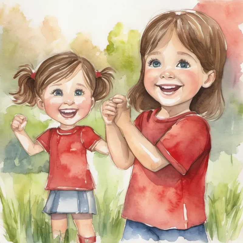 Big sister cheering on Little brother - growing in confidence, brown hair. Wears a red shirt., both smiling