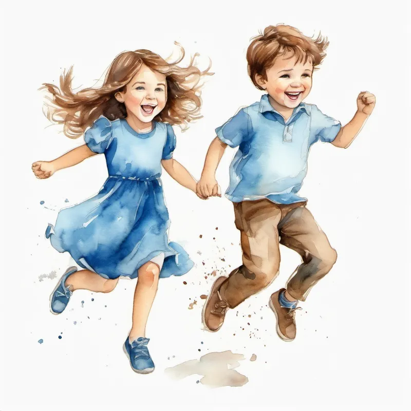 Little brother jumping with joy, Big sister - confident, brown hair. Wears a blue dress. clapping