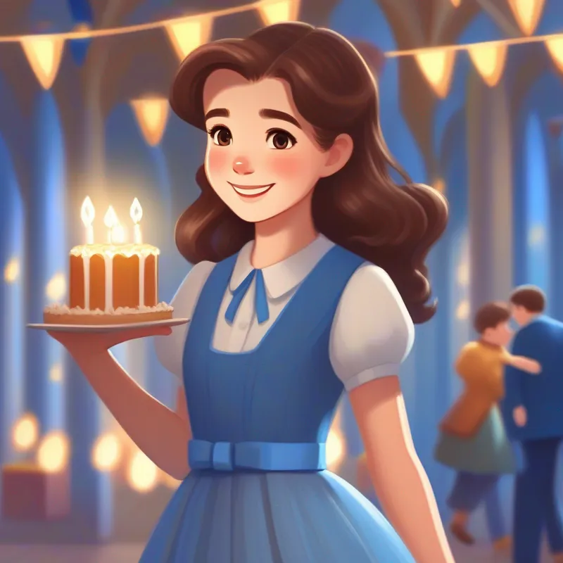 Brown hair, brown eyes, and white skin. Wearing a blue birthday dress. with brown hair, brown eyes, and white skin is smiling with excitement. She is holding a bright blue invitation in her hand.