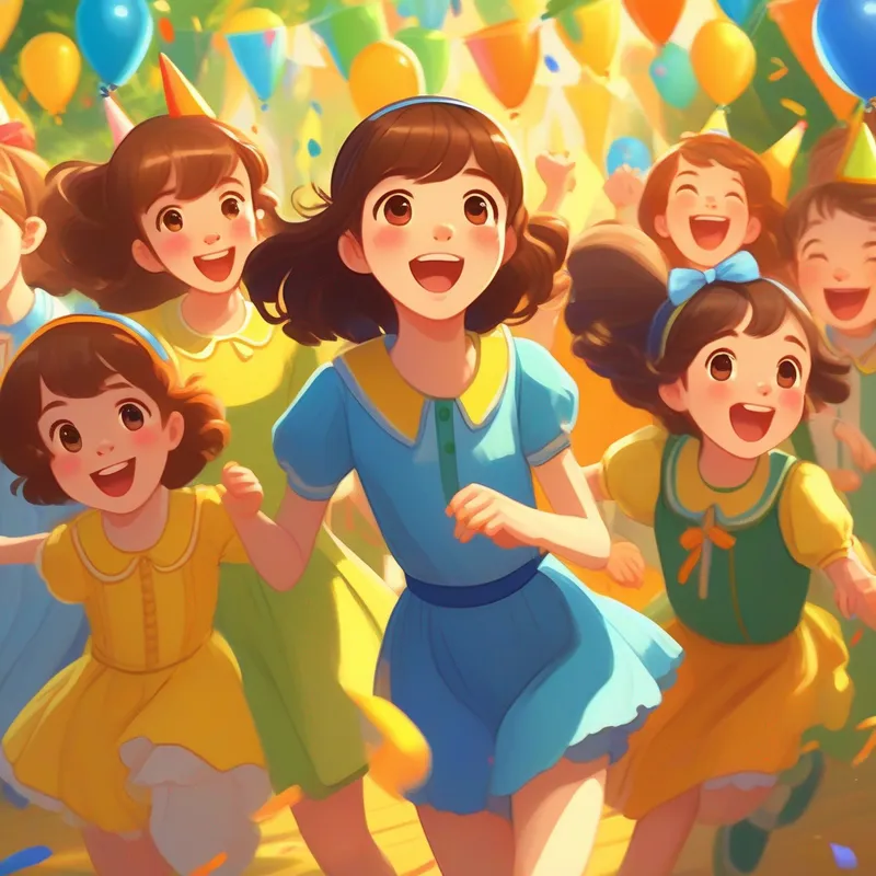 Brown hair, brown eyes, and white skin. Wearing a blue birthday dress. and her friends are laughing and twirling, surrounded by the vibrant decorations in yellow, green, and orange.