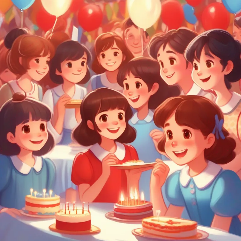 Brown hair, brown eyes, and white skin. Wearing a blue birthday dress. and her friends sit around a table covered with a bright red tablecloth. They have big smiles on their faces while eating.