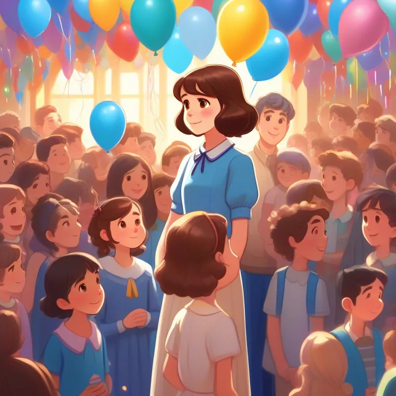 Brown hair, brown eyes, and white skin. Wearing a blue birthday dress. stands in the center, thanking her friends while they listen attentively. The room is filled with colorful balloons and streamers.