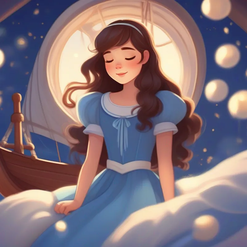 Brown hair, brown eyes, and white skin. Wearing a blue birthday dress. lies in bed, her eyes closed as she imagines herself sailing on a magical boat with her friends around her. The room is peaceful and filled with soft moonlight.