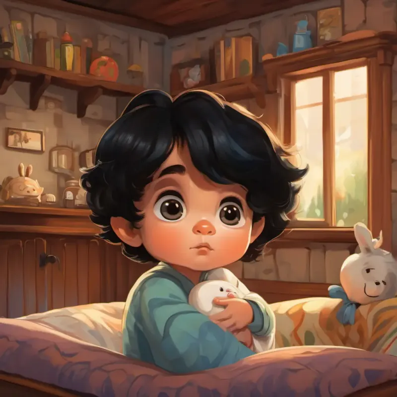 Newborn baby boy with big curious eyes and black hair with big curious eyes and black hair, living in a cozy house with his parents in Meadowville.