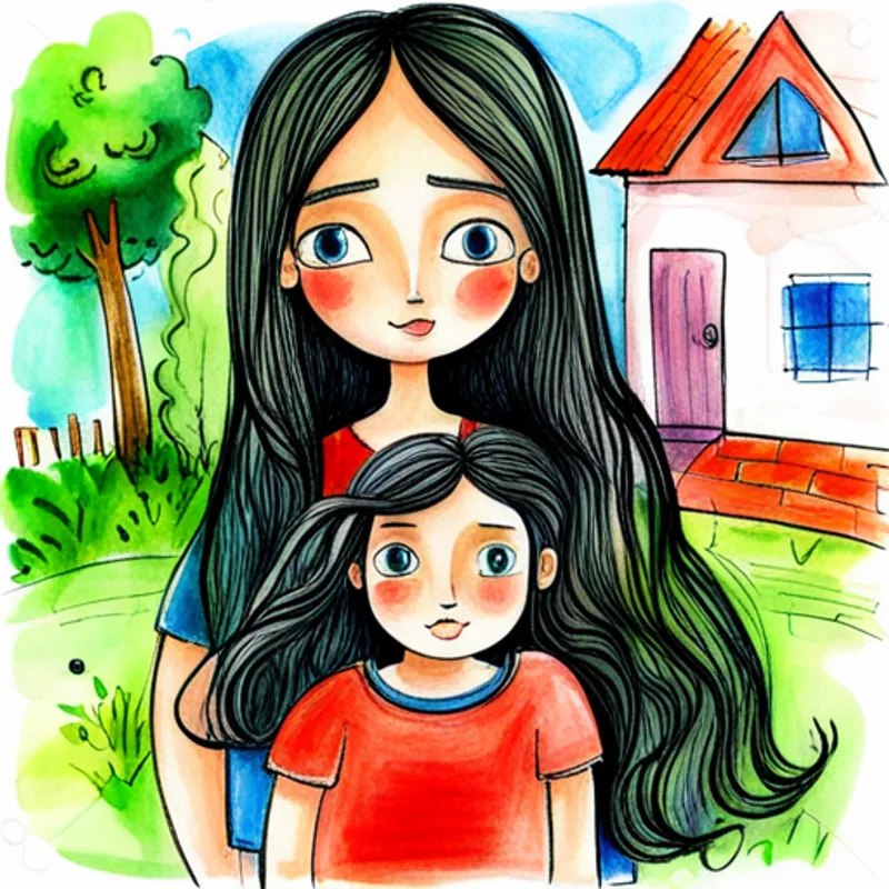 Brave girl with long black hair and curious eyes. and her father in a green village