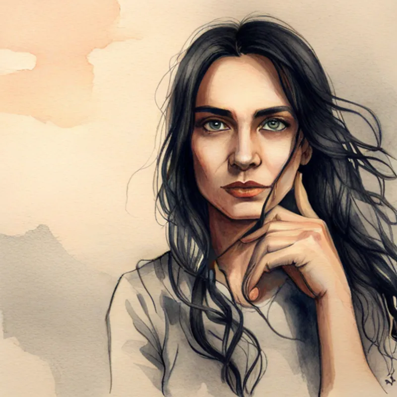 Brave girl with long black hair and curious eyes. thinking with a determined expression