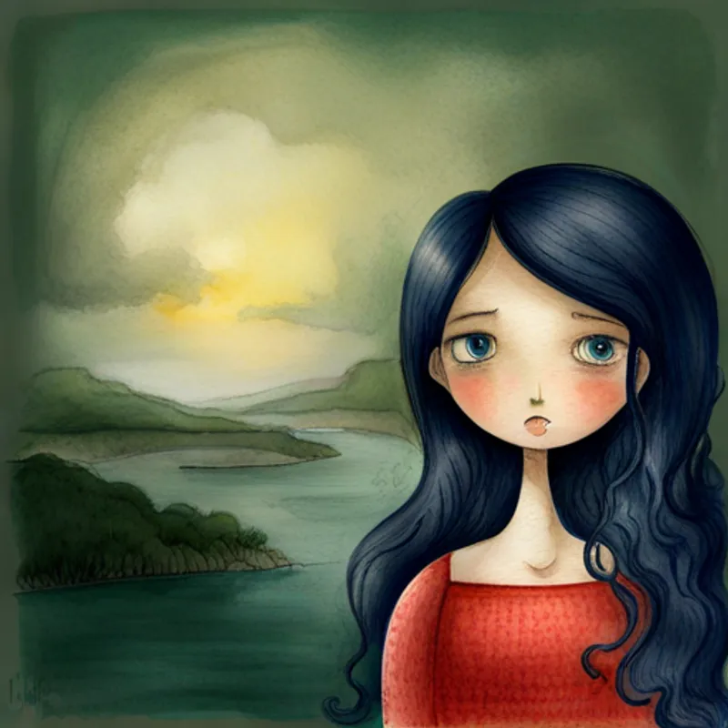 Brave girl with long black hair and curious eyes. silently watching the monster from a distance