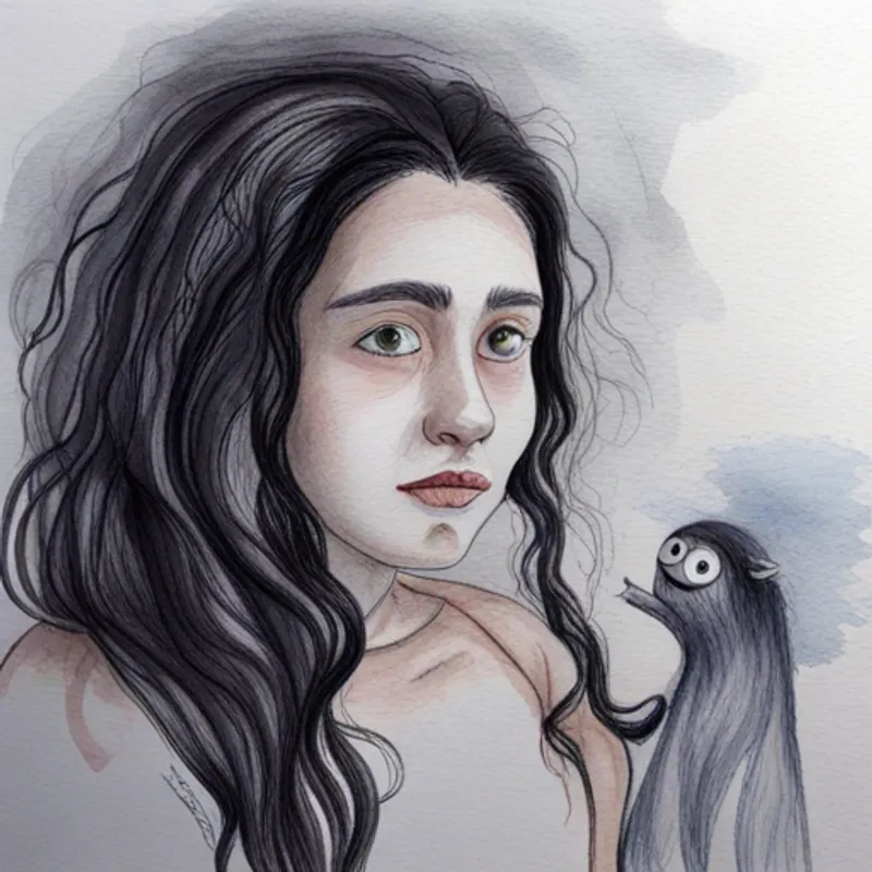 Brave girl with long black hair and curious eyes. talking to the monster with a gentle smile