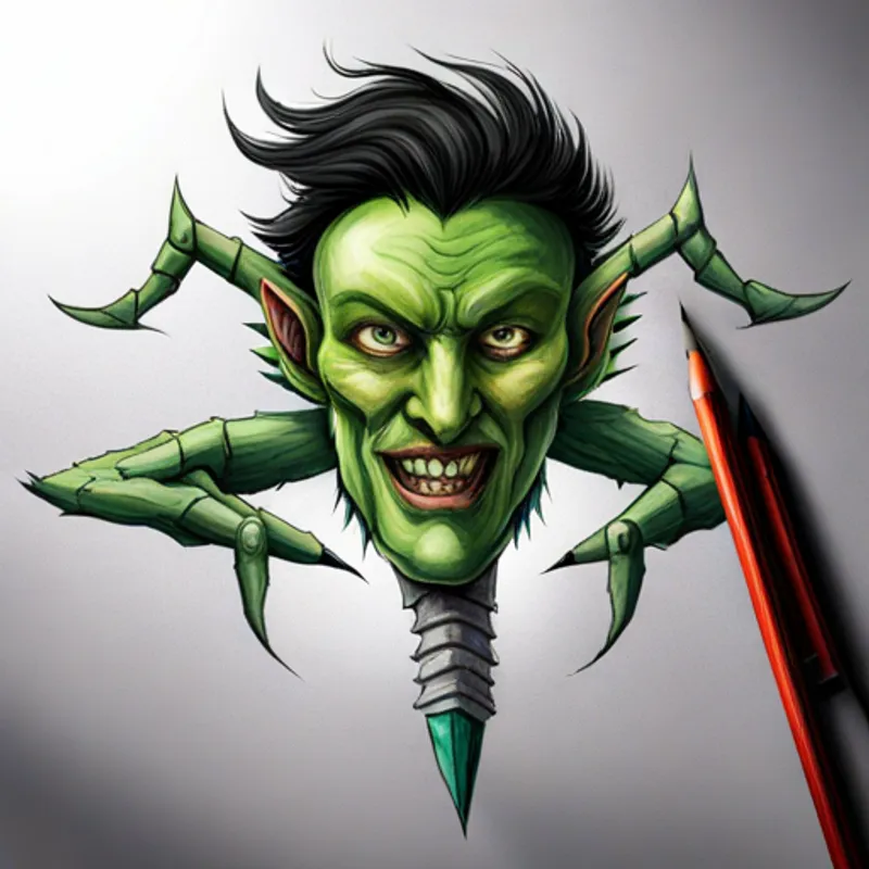 Scary creature with green skin and long claws. transforming into a friendly creature, smiling happily