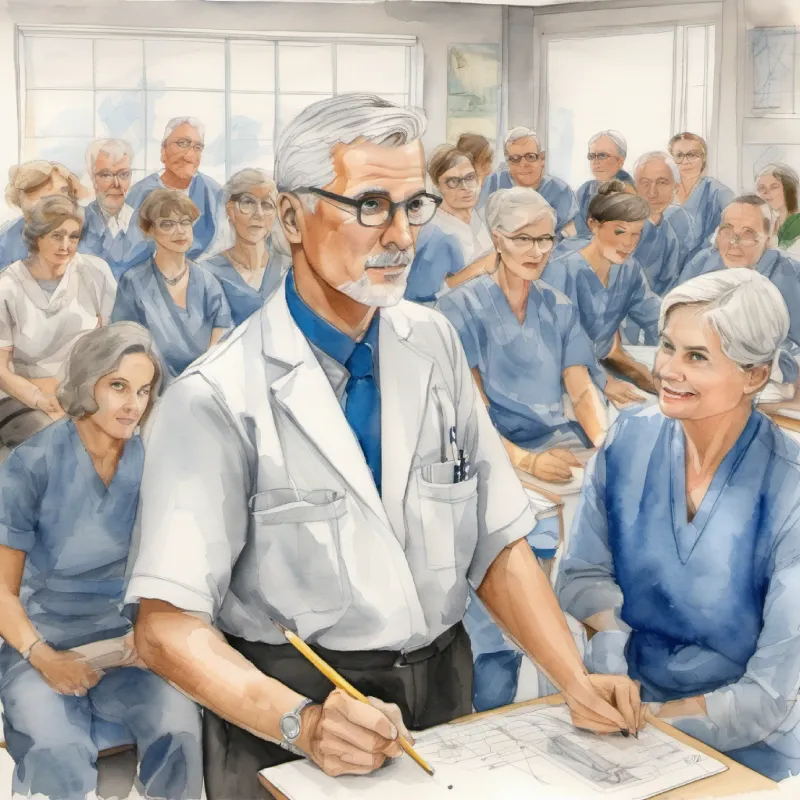 Introduction to anatomy class with Seasoned surgeon with gray hair and piercing blue eyes and eager students.