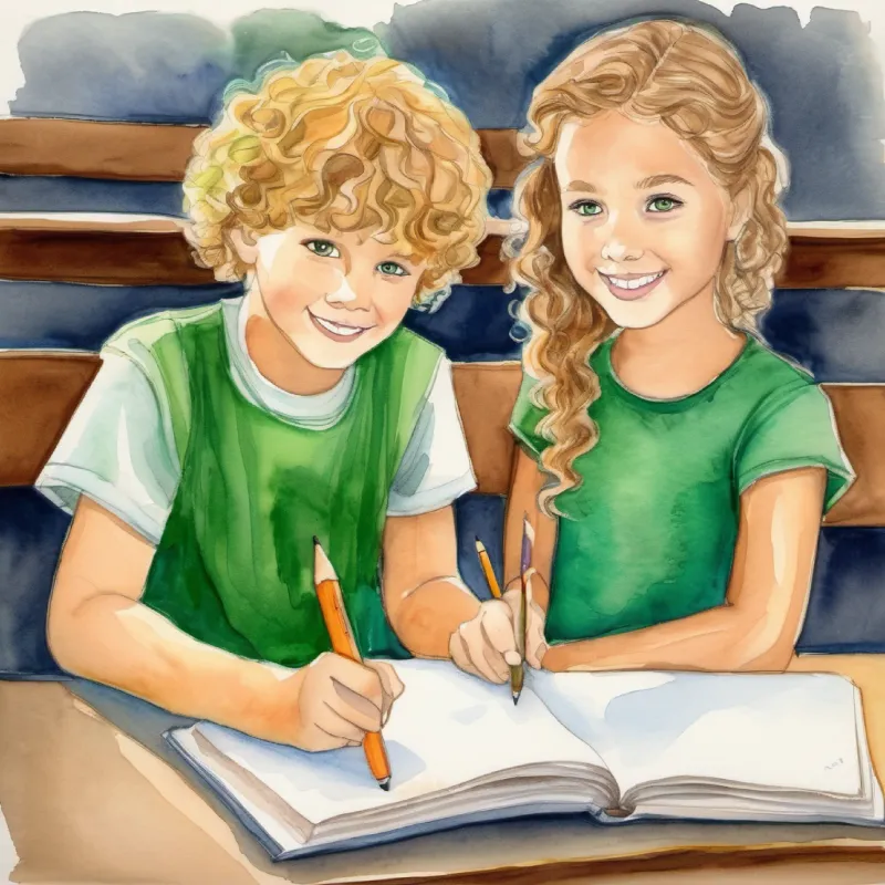 Students Enthusiastic student with curly brown hair and green eyes and Keen learner with short blond hair and brown eyes create a story for better understanding.