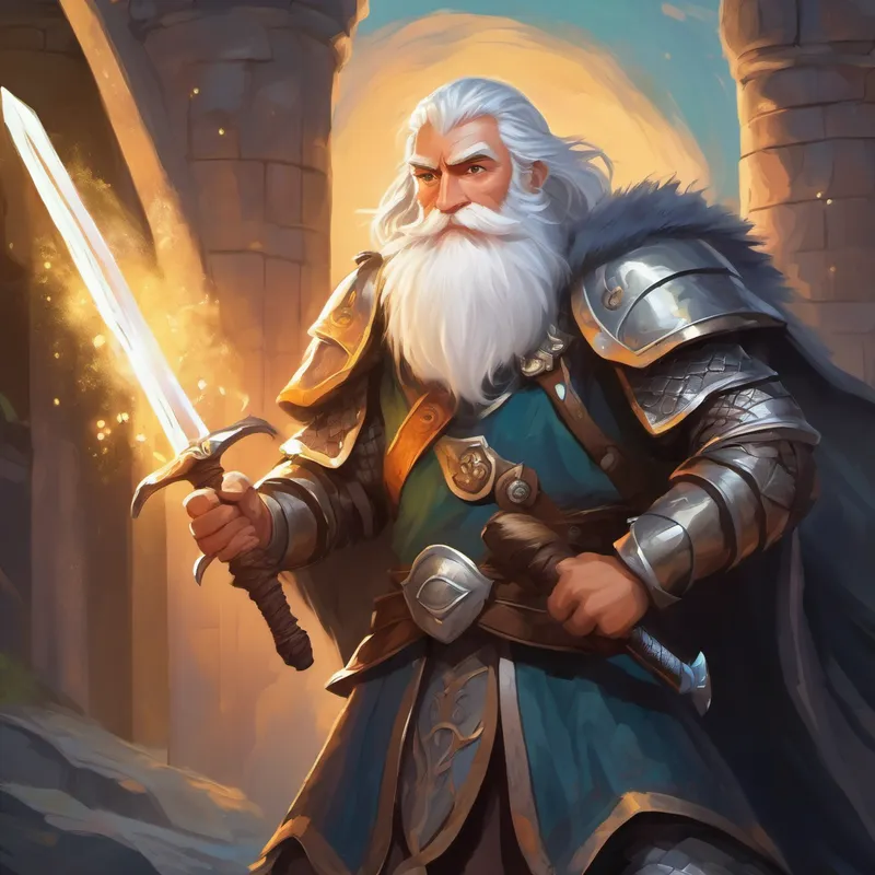 Brave young warrior with a sword, wearing armor holds a sword, receives a message from a Old wizard with long white beard and magic staff