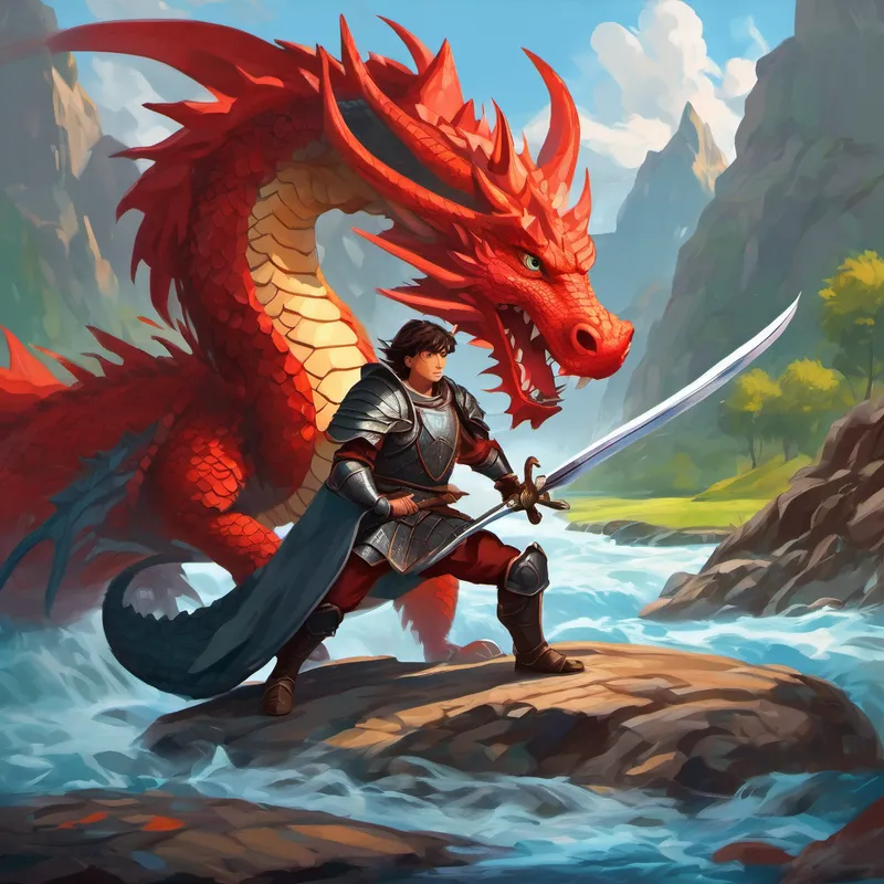 Brave young warrior with a sword, wearing armor fights Fierce dragon with scales of red and black, solves riddles, and crosses river