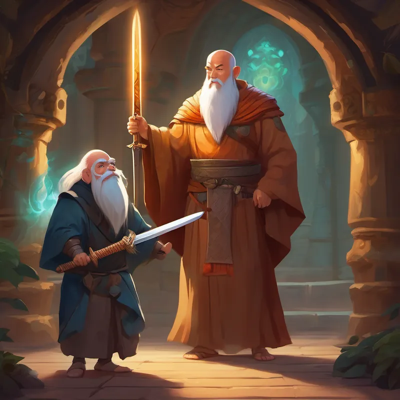 Brave young warrior with a sword, wearing armor meets wise Wise old monk in long robes and bald head and loyal Mystical creature with glowing eyes and shape-shifting abilities