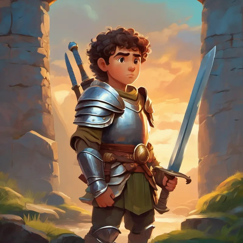 Brave young warrior with a sword, wearing armor realizes his destiny and learns about ancient civilization