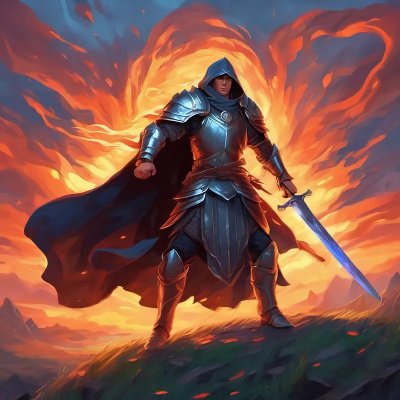 Brave young warrior with a sword, wearing armor battles the Evil sorcerer with dark cloak and glowing eyes and saves the land
