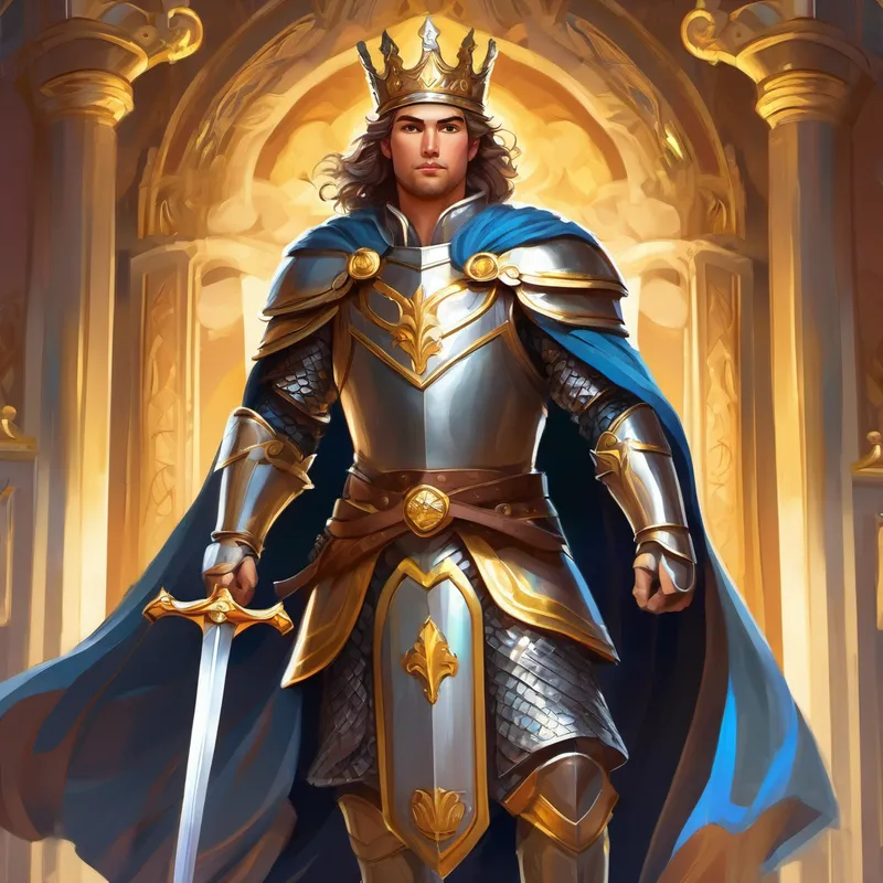 Brave young warrior with a sword, wearing armor is honored as a hero by the King with a golden crown and royal robes and Queen with a silver crown and elegant dress