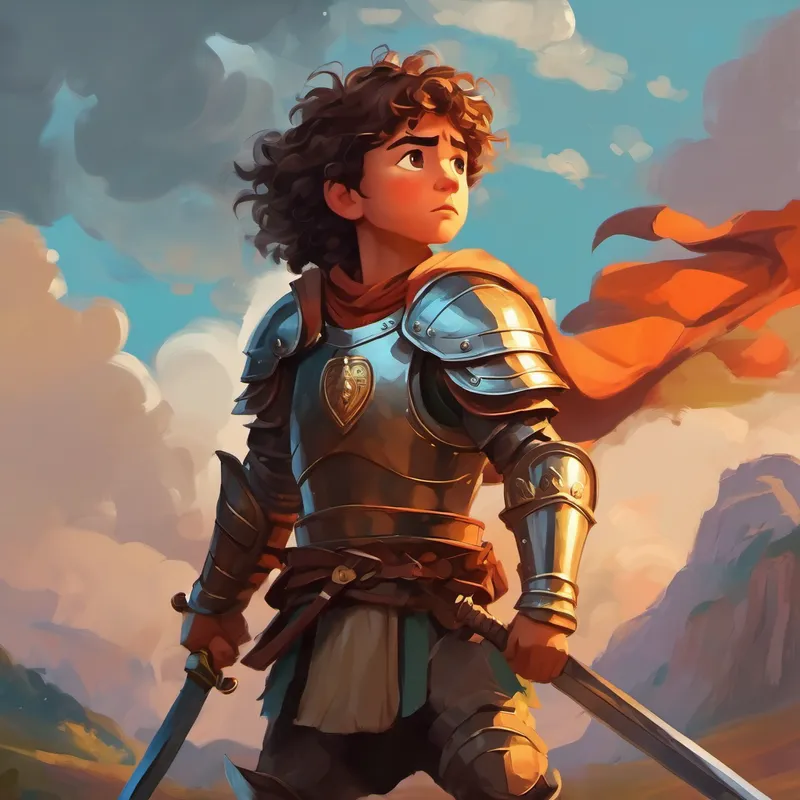 Brave young warrior with a sword, wearing armor protects the land and faces new challenges